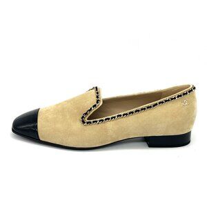 CHANEL 21A Suede Patent Cap Toe Chain Trim CC Loafers Flat Shoes